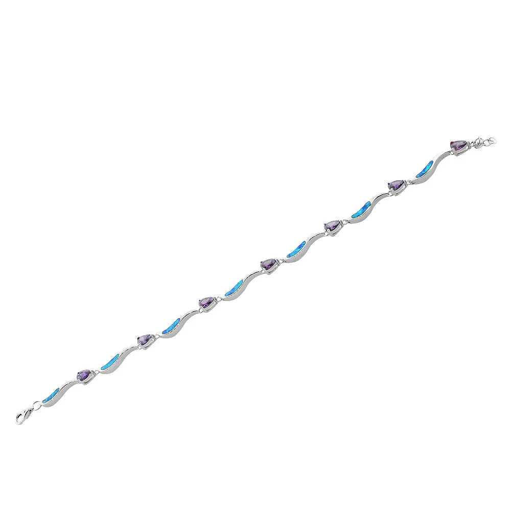 925 Sterling Silver Simulated Blue Opal Purple Amethyst-Tone Pear-Shape CZ Tennis Bracelet