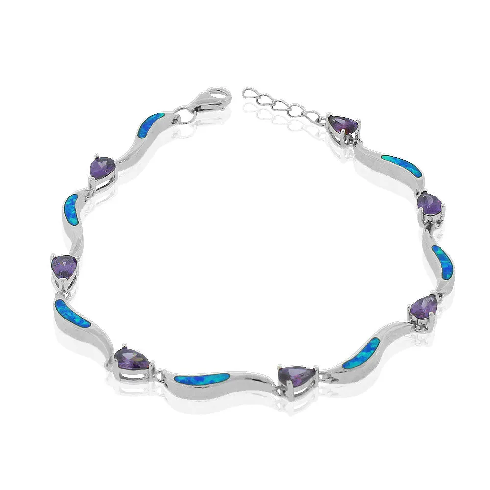 925 Sterling Silver Simulated Blue Opal Purple Amethyst-Tone Pear-Shape CZ Tennis Bracelet