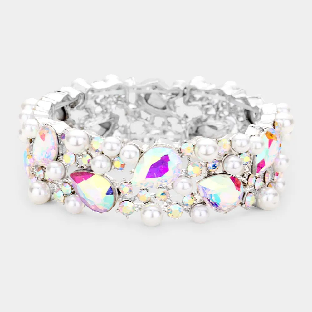 AB Crystal Teardrop and Pearl Stretch Bracelet | 426855