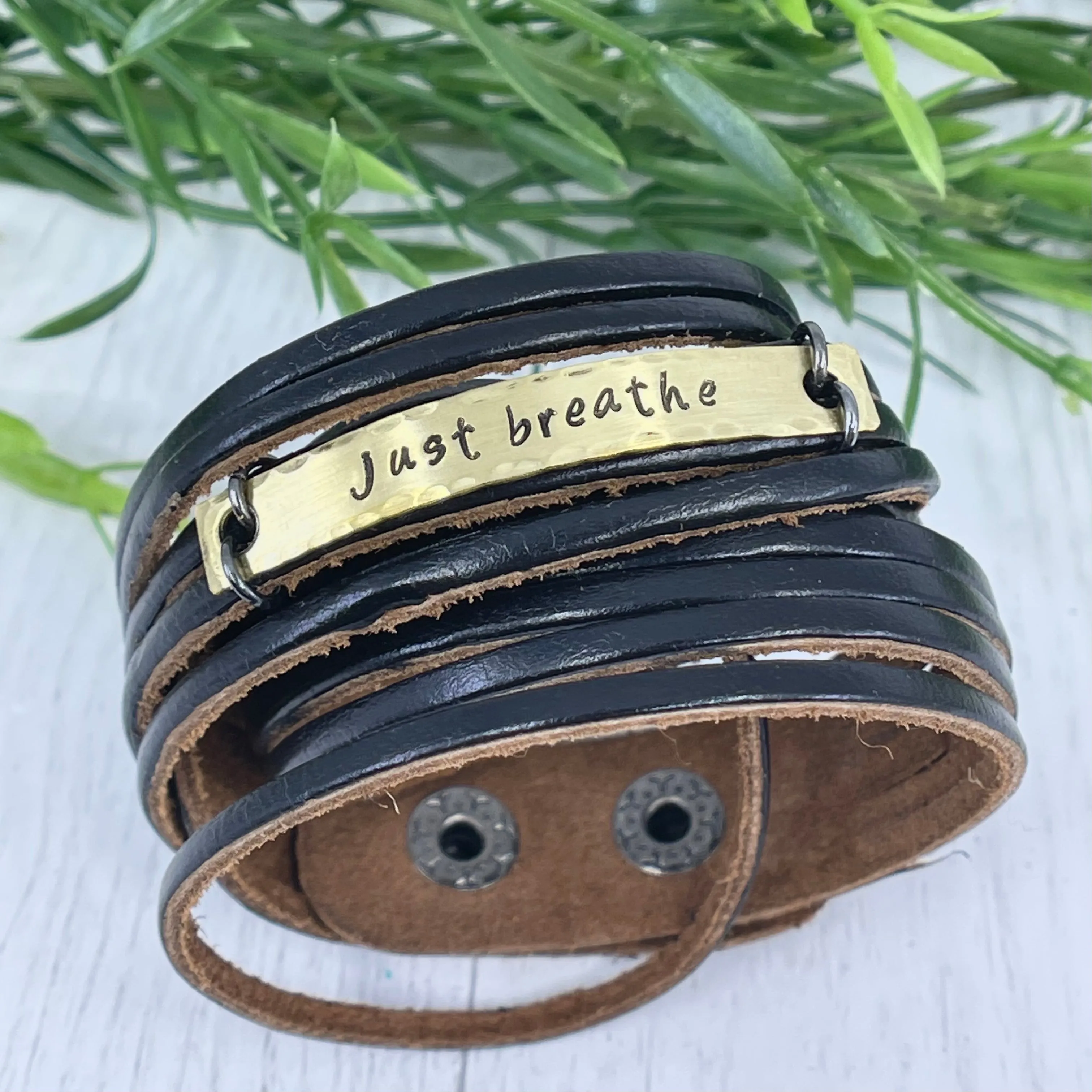 Adjustable JUST BREATHE Brass Bar Black Shredded Double Leather Double Wrap Bracelet