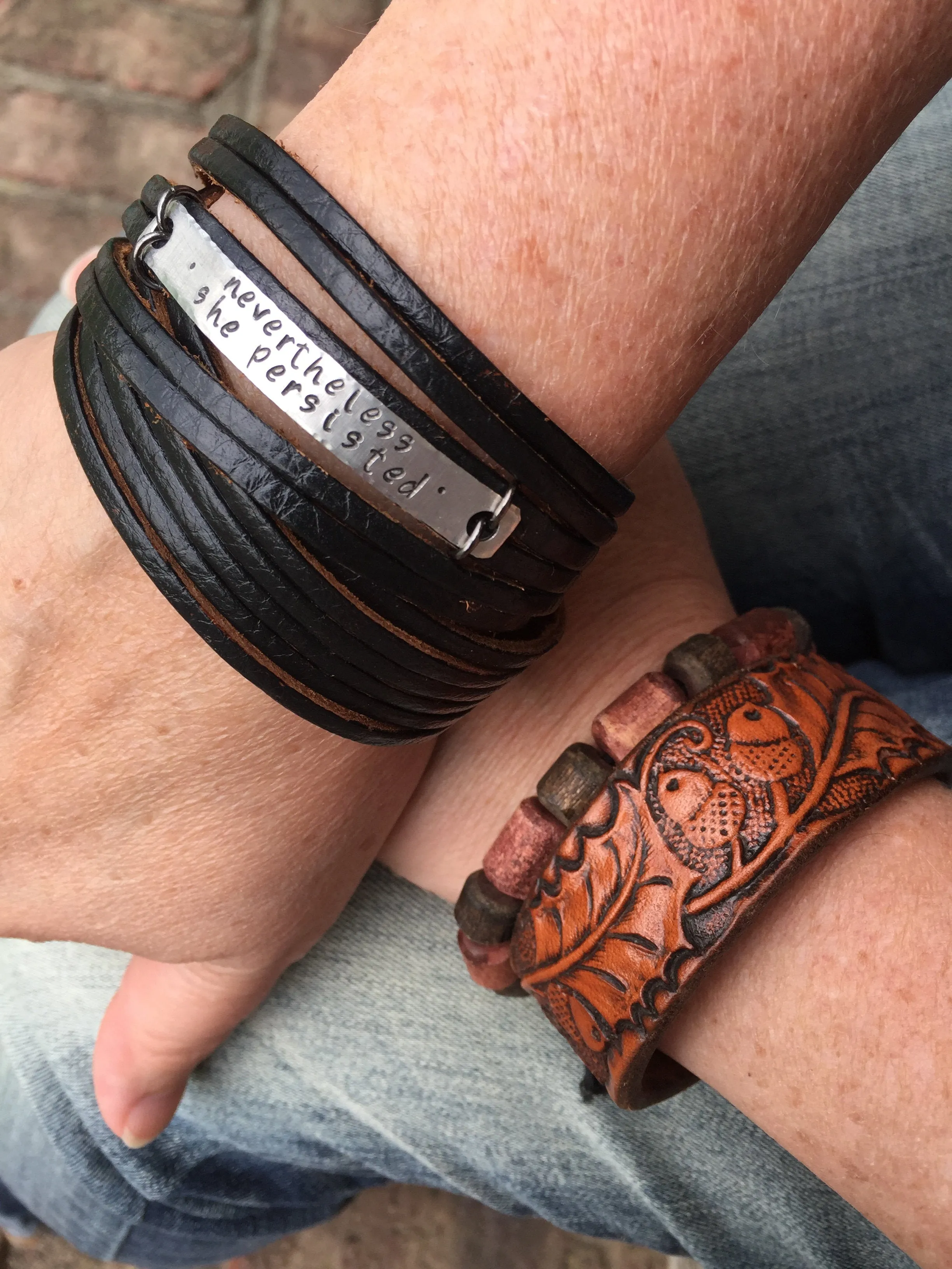 Adjustable JUST BREATHE Brass Bar Black Shredded Double Leather Double Wrap Bracelet