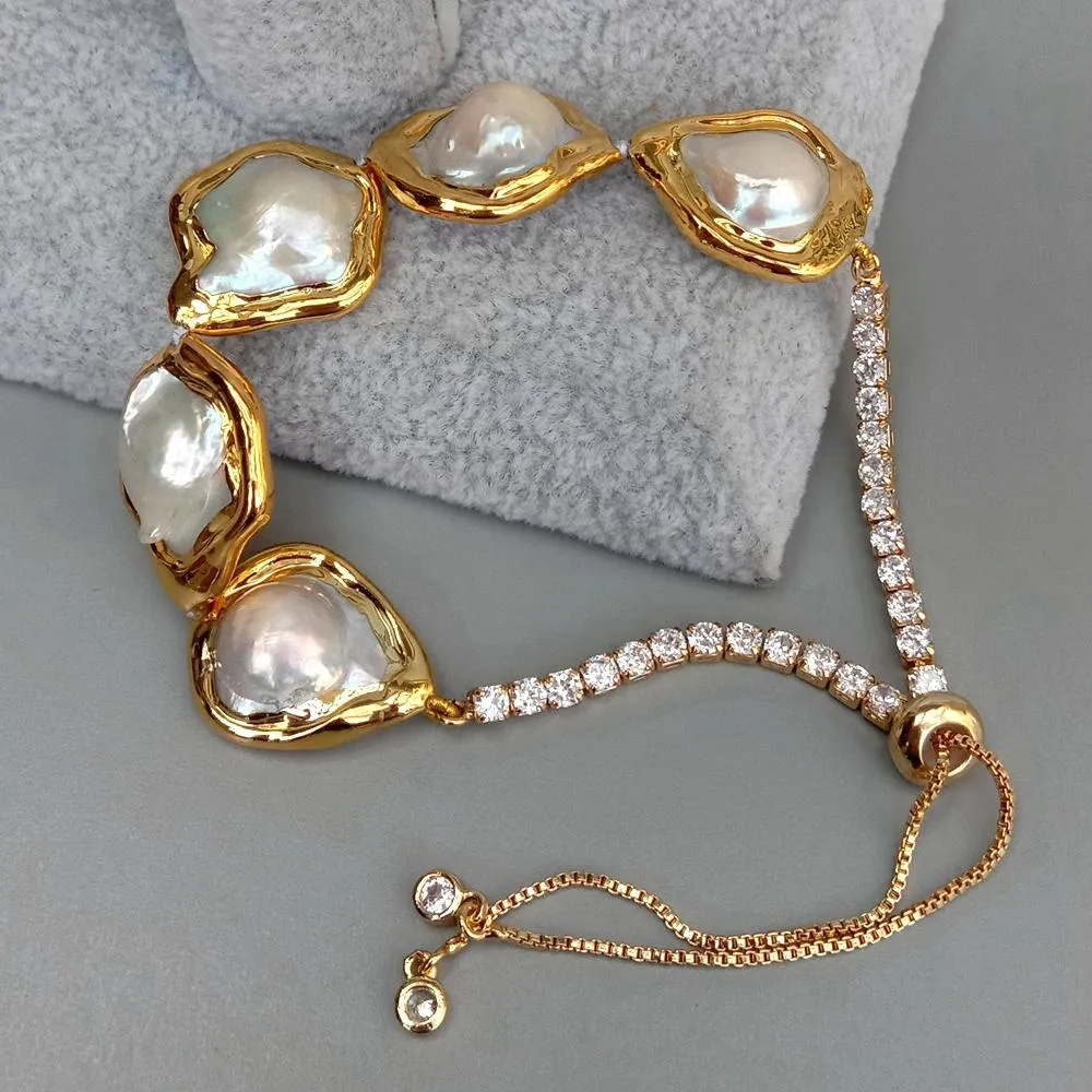 Adjustable Round White Keshi Mother Of Pearl Bracelet
