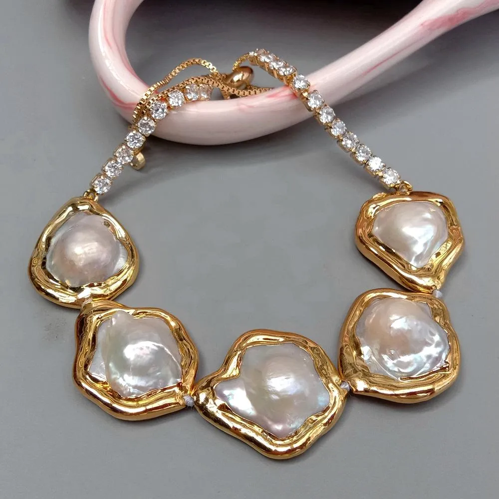 Adjustable Round White Keshi Mother Of Pearl Bracelet