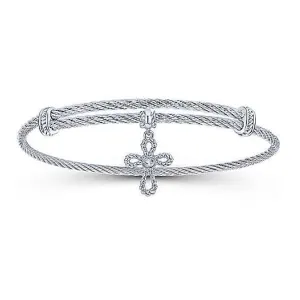 Adjustable Twisted Cable Stainless Steel Bangle with Sterling Silver Cross Charm
