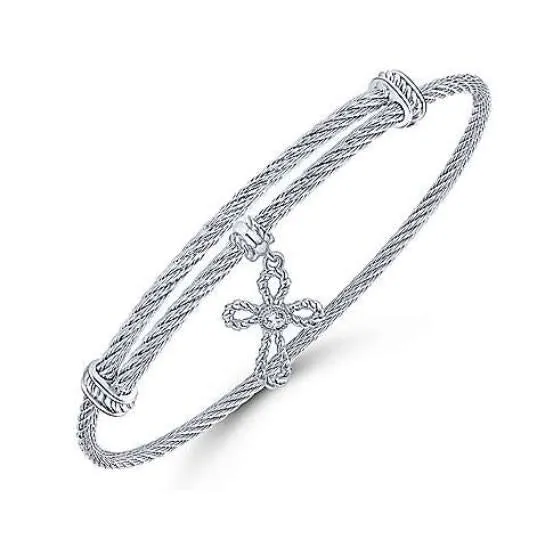 Adjustable Twisted Cable Stainless Steel Bangle with Sterling Silver Cross Charm