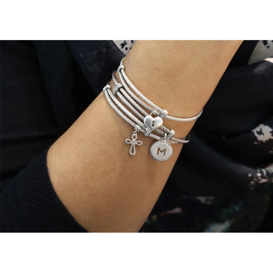 Adjustable Twisted Cable Stainless Steel Bangle with Sterling Silver Cross Charm