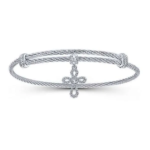 Adjustable Twisted Cable Stainless Steel Bangle with Sterling Silver Cross Charm