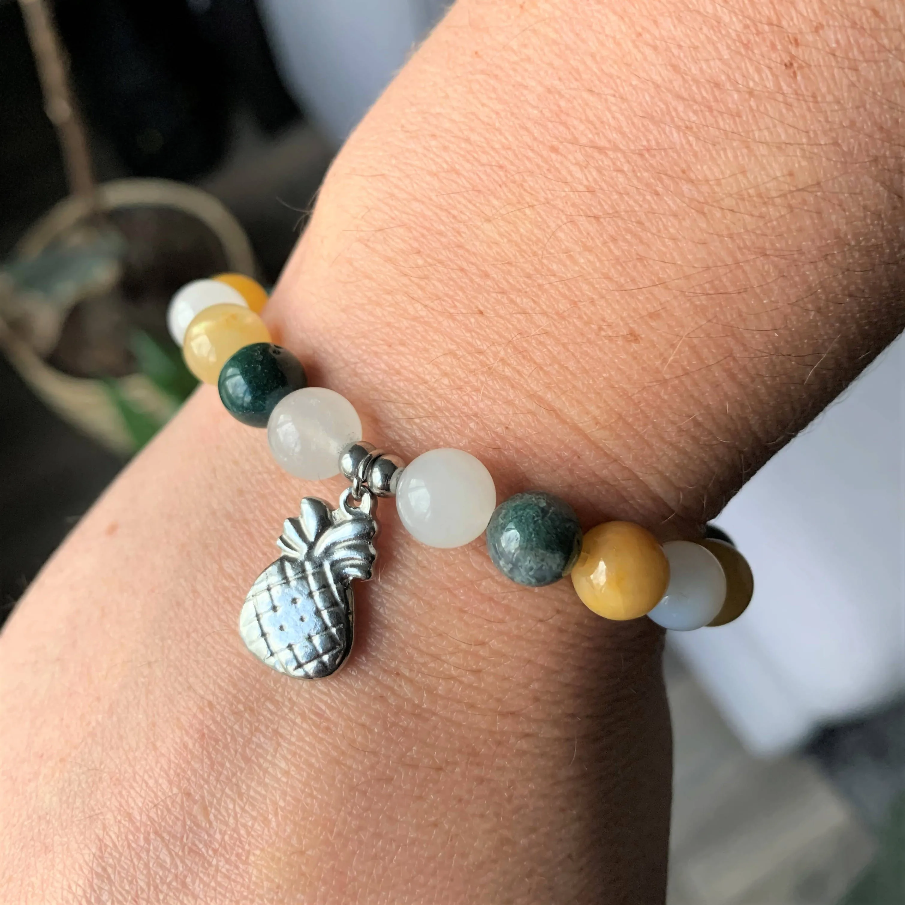 Ananas - bracelet élastique en pierres semi précieuses et acier inoxydable
