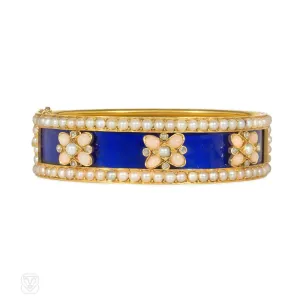 Antique blue enamel, pearl and angelskin coral bracelet