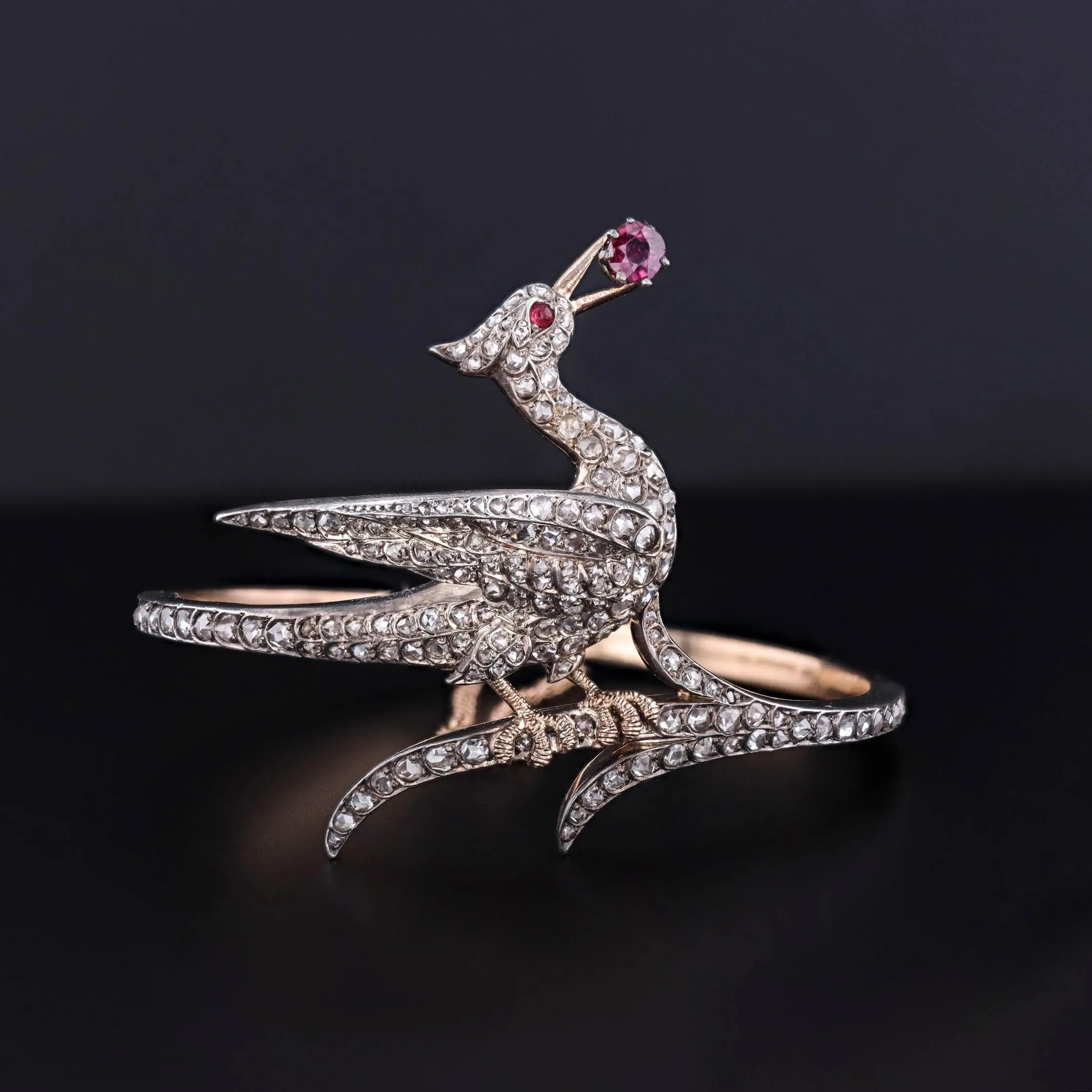 Antique Diamond Bird Bangle of Silver Topped 18k Gold