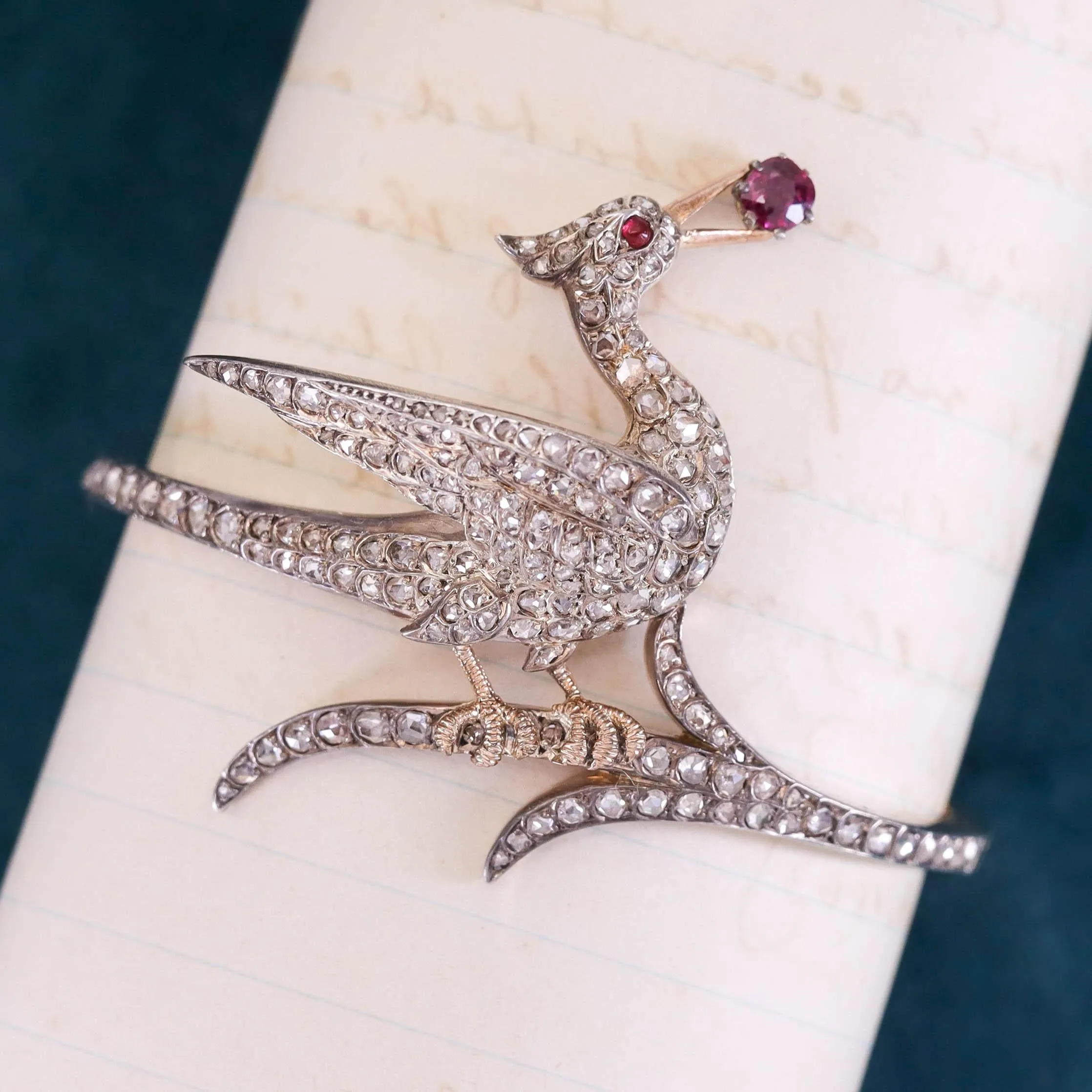 Antique Diamond Bird Bangle of Silver Topped 18k Gold