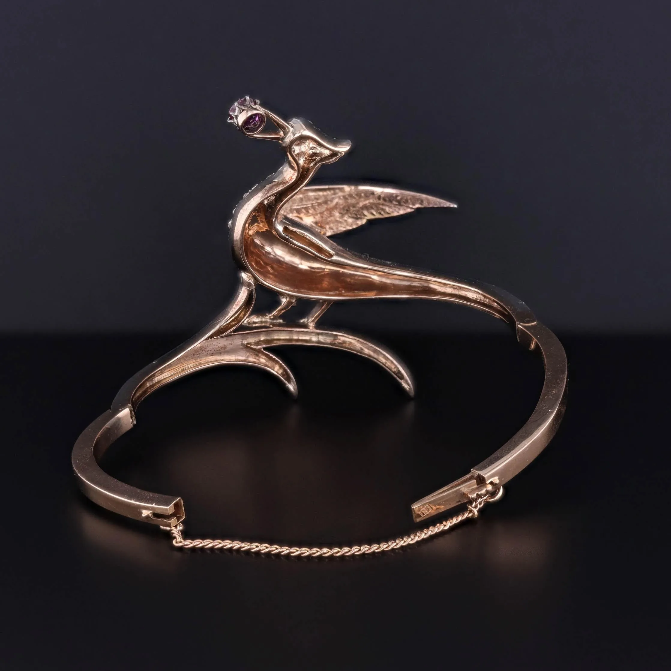 Antique Diamond Bird Bangle of Silver Topped 18k Gold