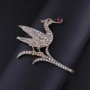 Antique Diamond Bird Bangle of Silver Topped 18k Gold