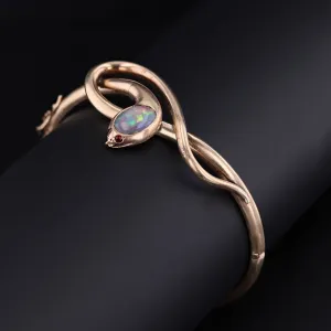 Antique Opal and Ruby Snake Bangle Bracelet of 14k Gold