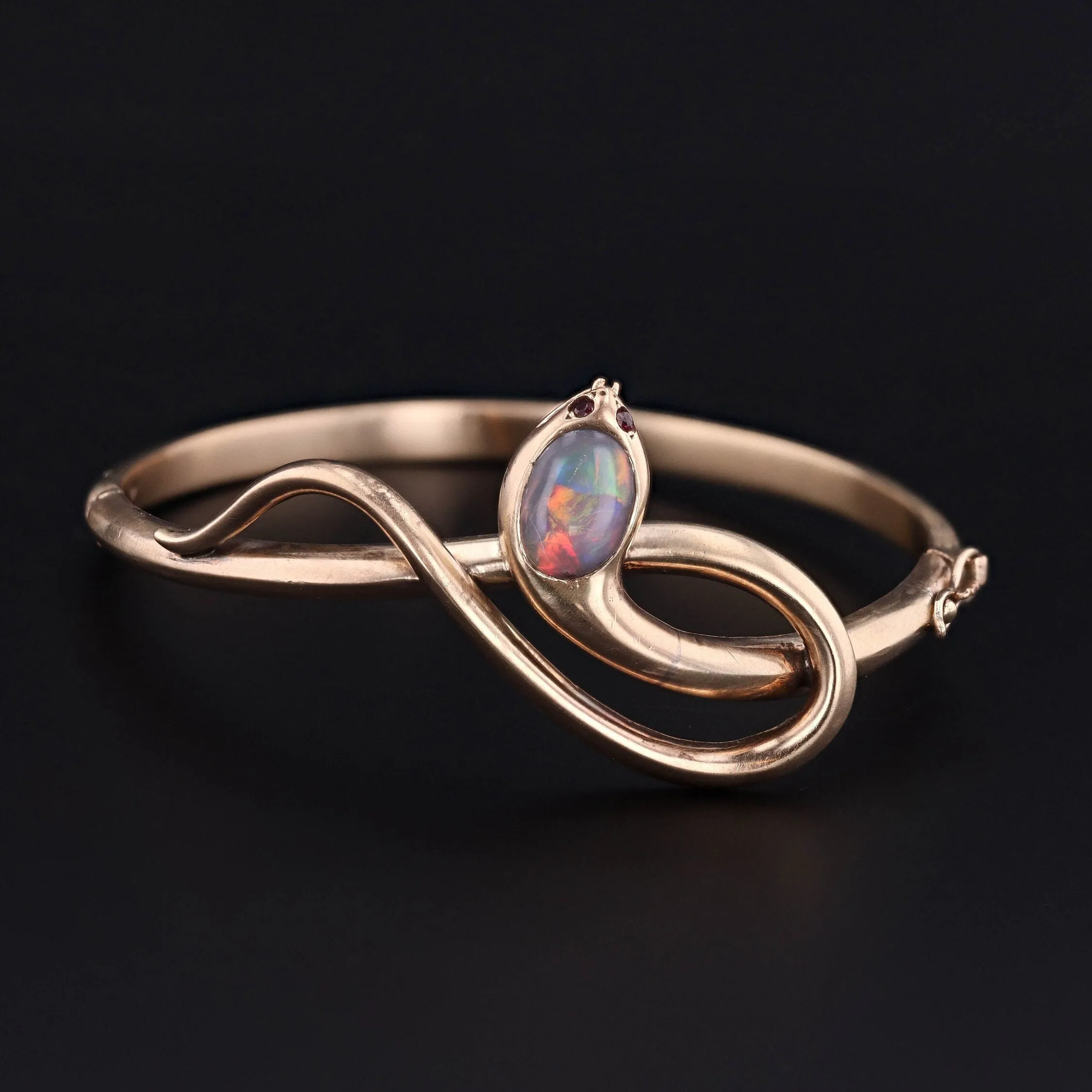 Antique Opal and Ruby Snake Bangle Bracelet of 14k Gold