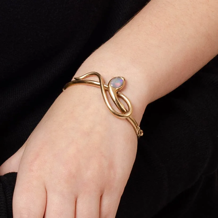Antique Opal and Ruby Snake Bangle Bracelet of 14k Gold