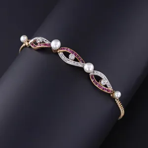 Antique Ruby Diamond and Pearl Bracelet of 14k Gold