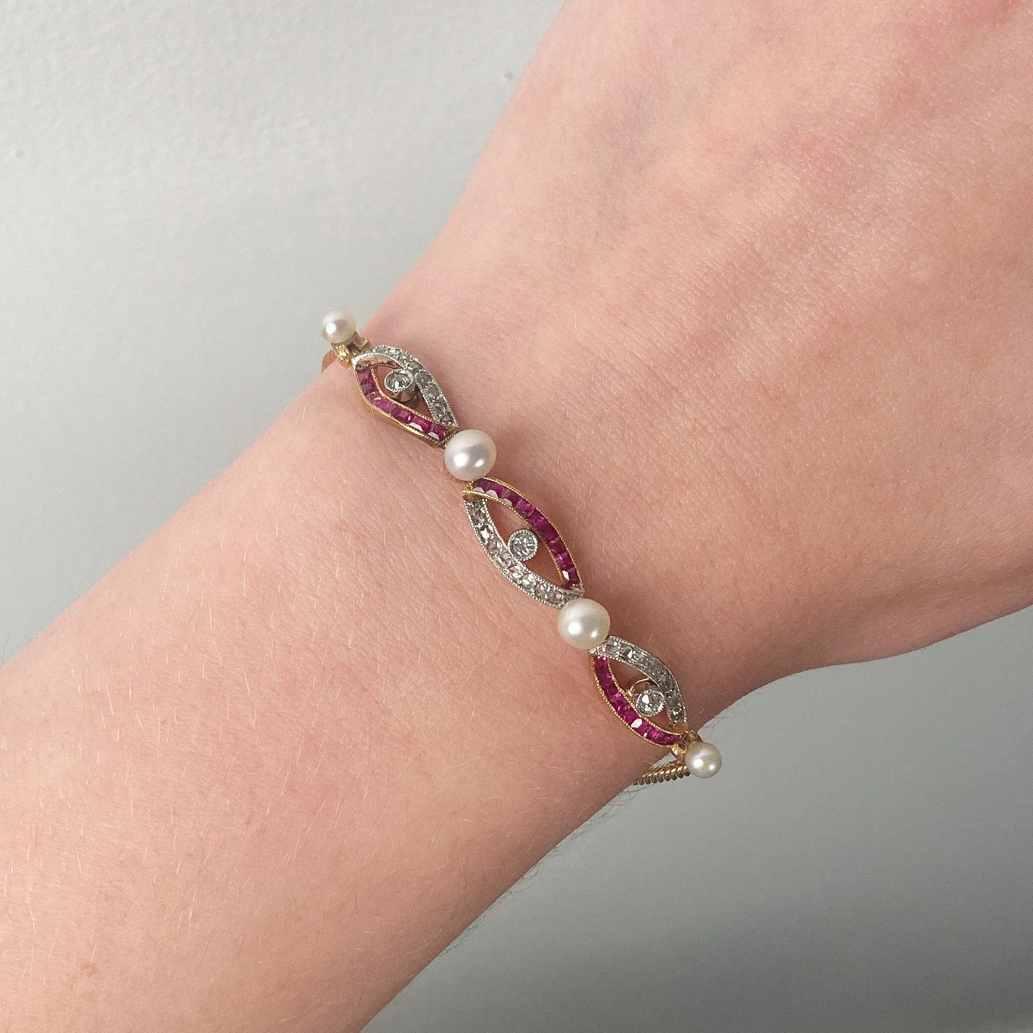 Antique Ruby Diamond and Pearl Bracelet of 14k Gold