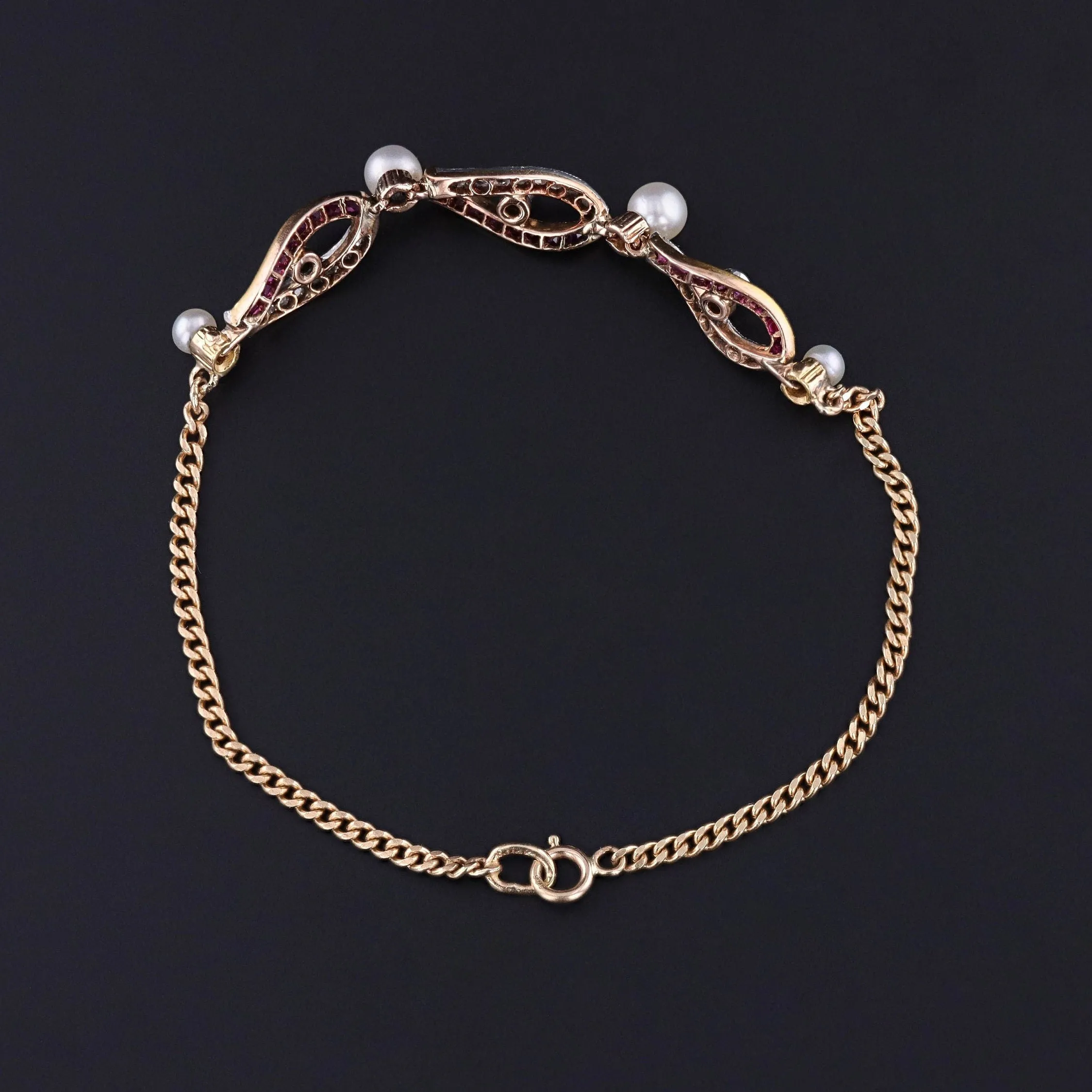 Antique Ruby Diamond and Pearl Bracelet of 14k Gold