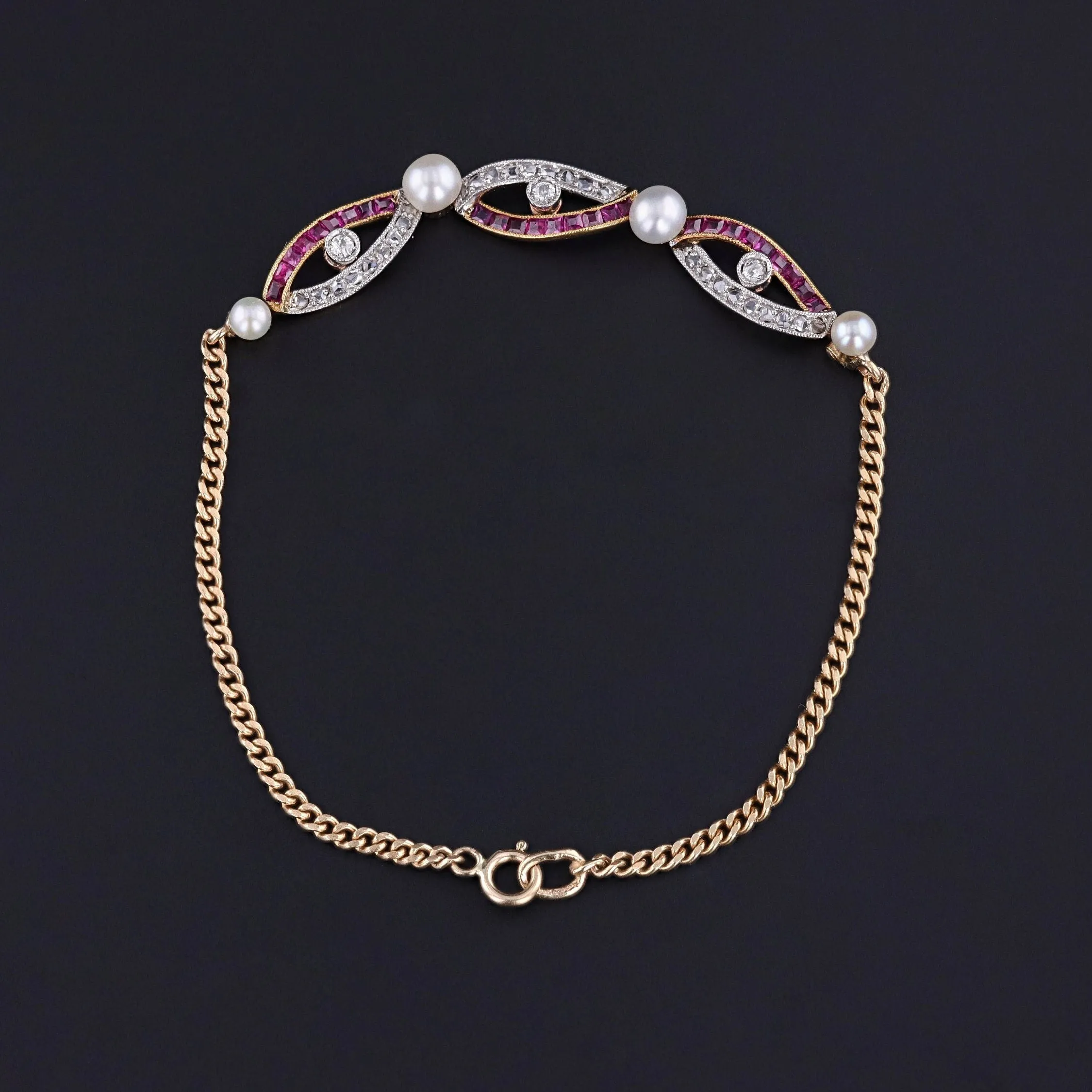 Antique Ruby Diamond and Pearl Bracelet of 14k Gold