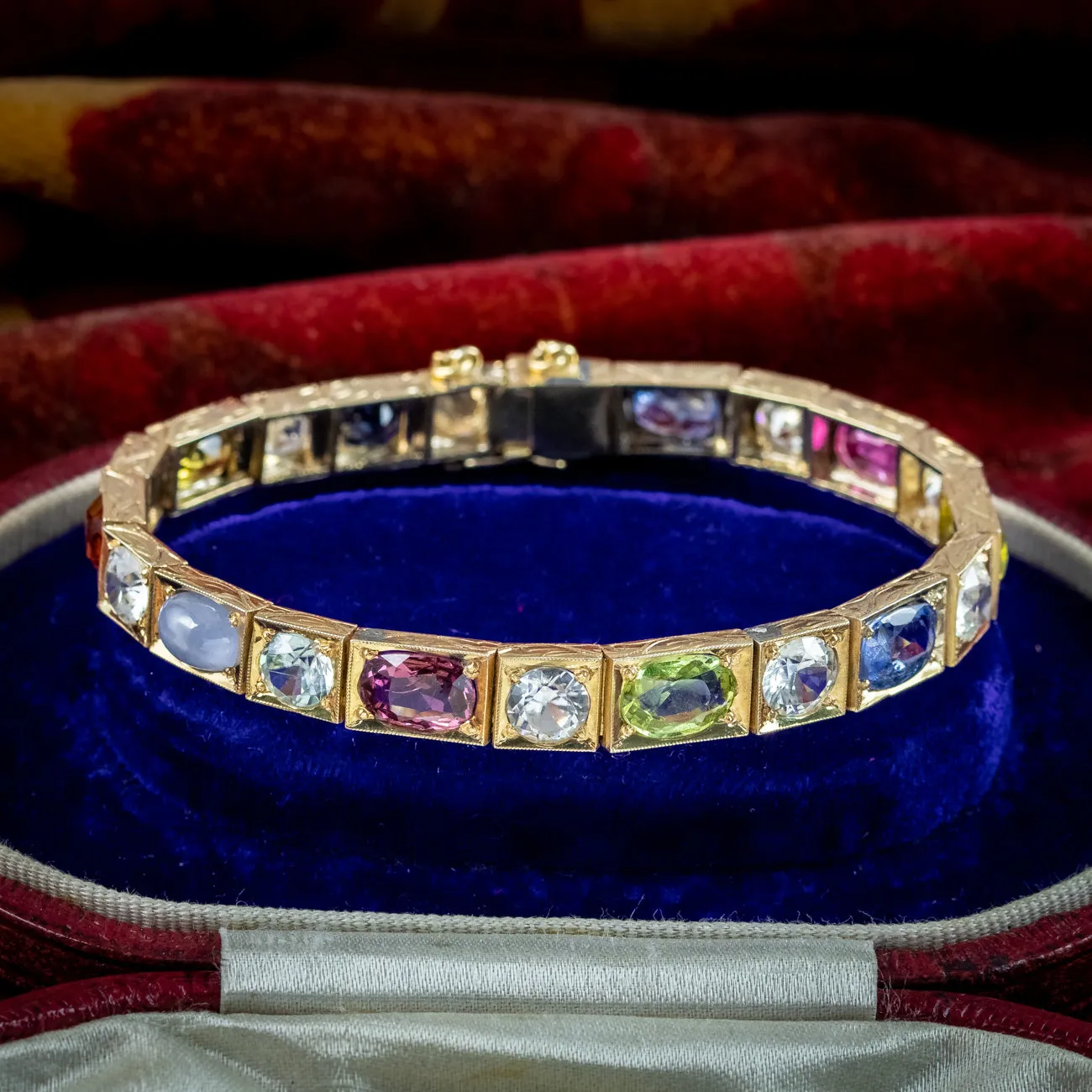 Antique Victorian Gemstone Harlequin Bracelet Silver 18ct Gold Gilt