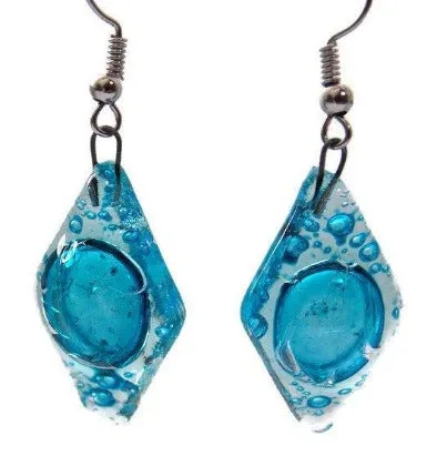 Aqua, turquoise diamond shaped recycled fused Glass Earrings. Glass drop Earrings.
