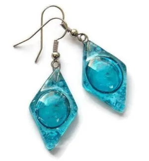 Aqua, turquoise diamond shaped recycled fused Glass Earrings. Glass drop Earrings.