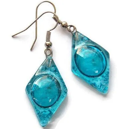 Aqua, turquoise diamond shaped recycled fused Glass Earrings. Glass drop Earrings.