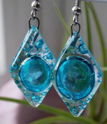 Aqua, turquoise diamond shaped recycled fused Glass Earrings. Glass drop Earrings.