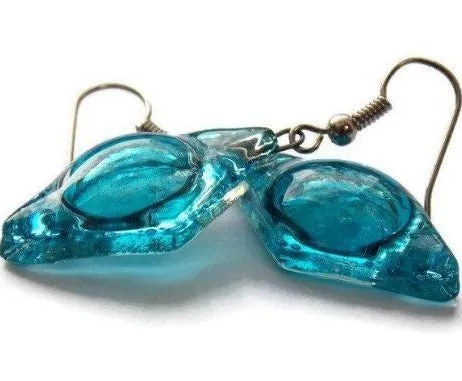 Aqua, turquoise diamond shaped recycled fused Glass Earrings. Glass drop Earrings.