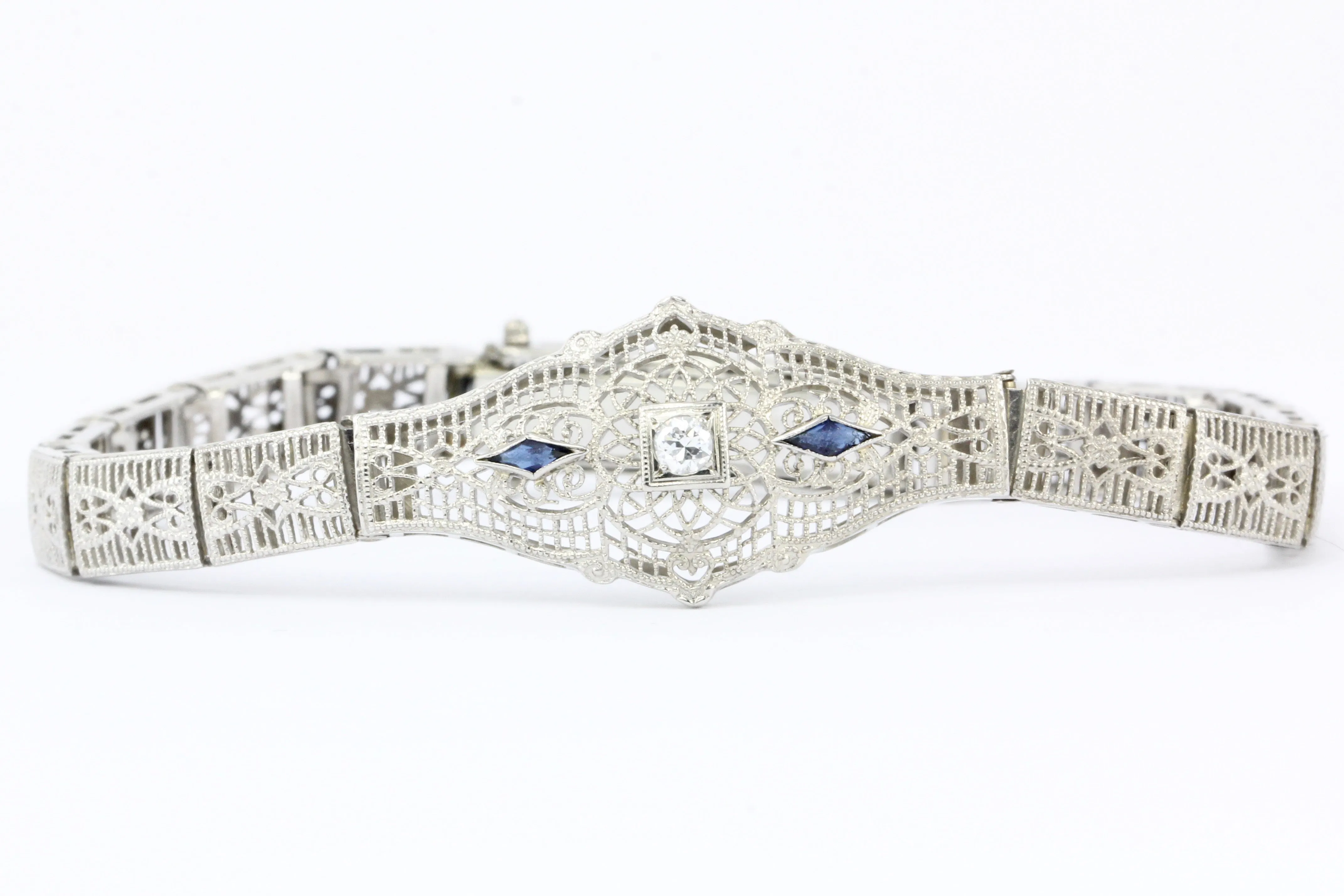 Art Deco 10K White Gold Old European Cut Diamond and Sapphire Filigree Bracelet