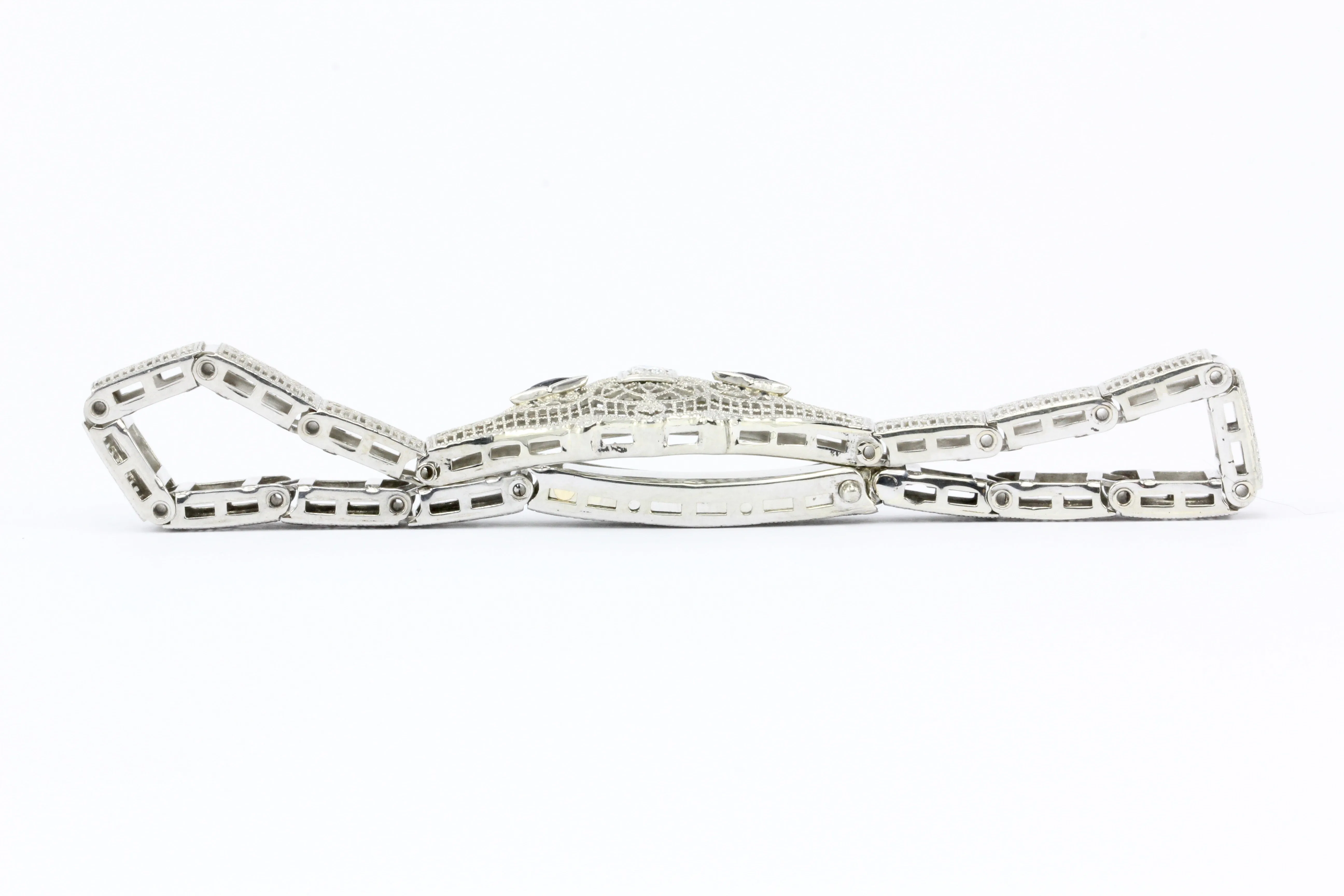 Art Deco 10K White Gold Old European Cut Diamond and Sapphire Filigree Bracelet