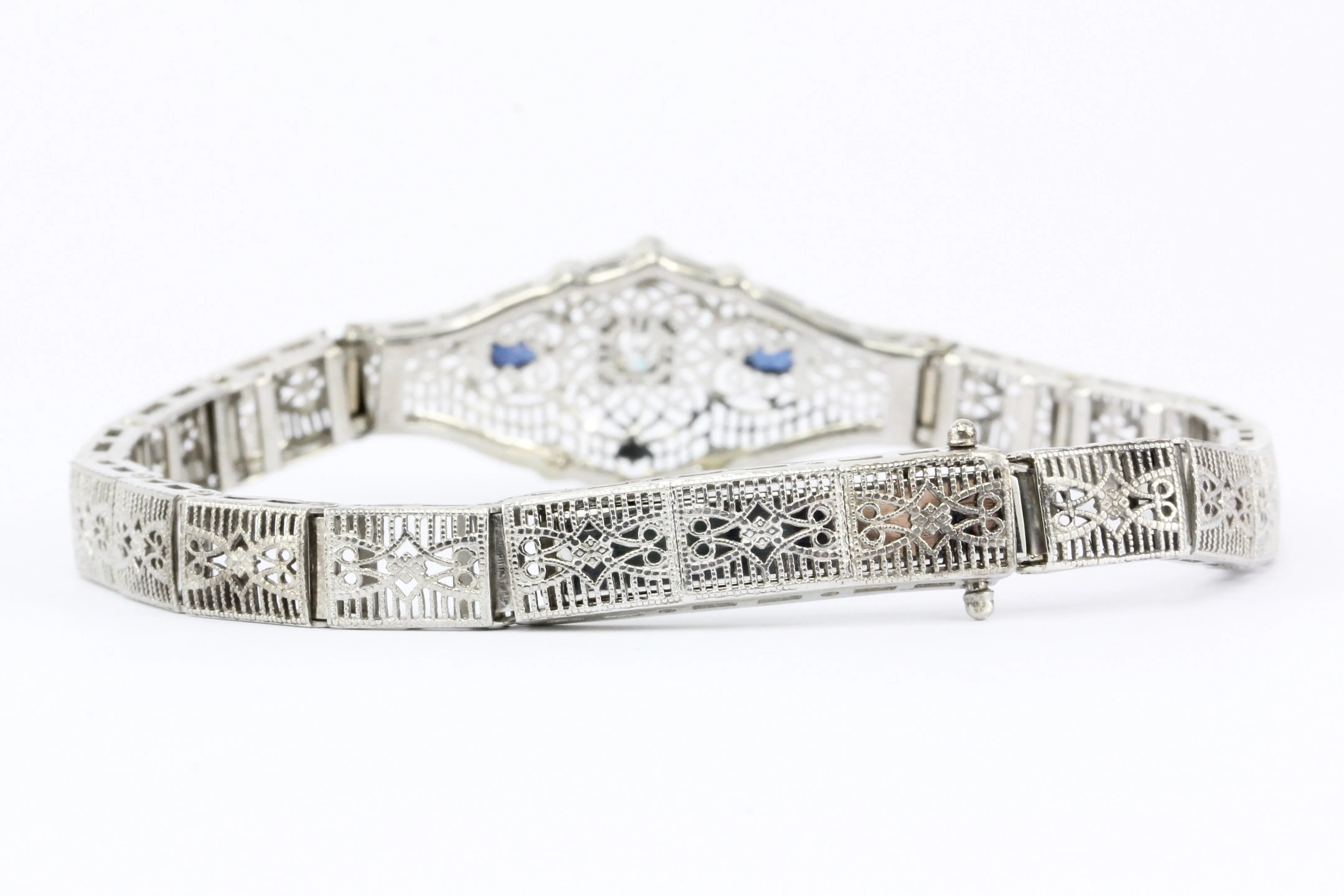 Art Deco 10K White Gold Old European Cut Diamond and Sapphire Filigree Bracelet