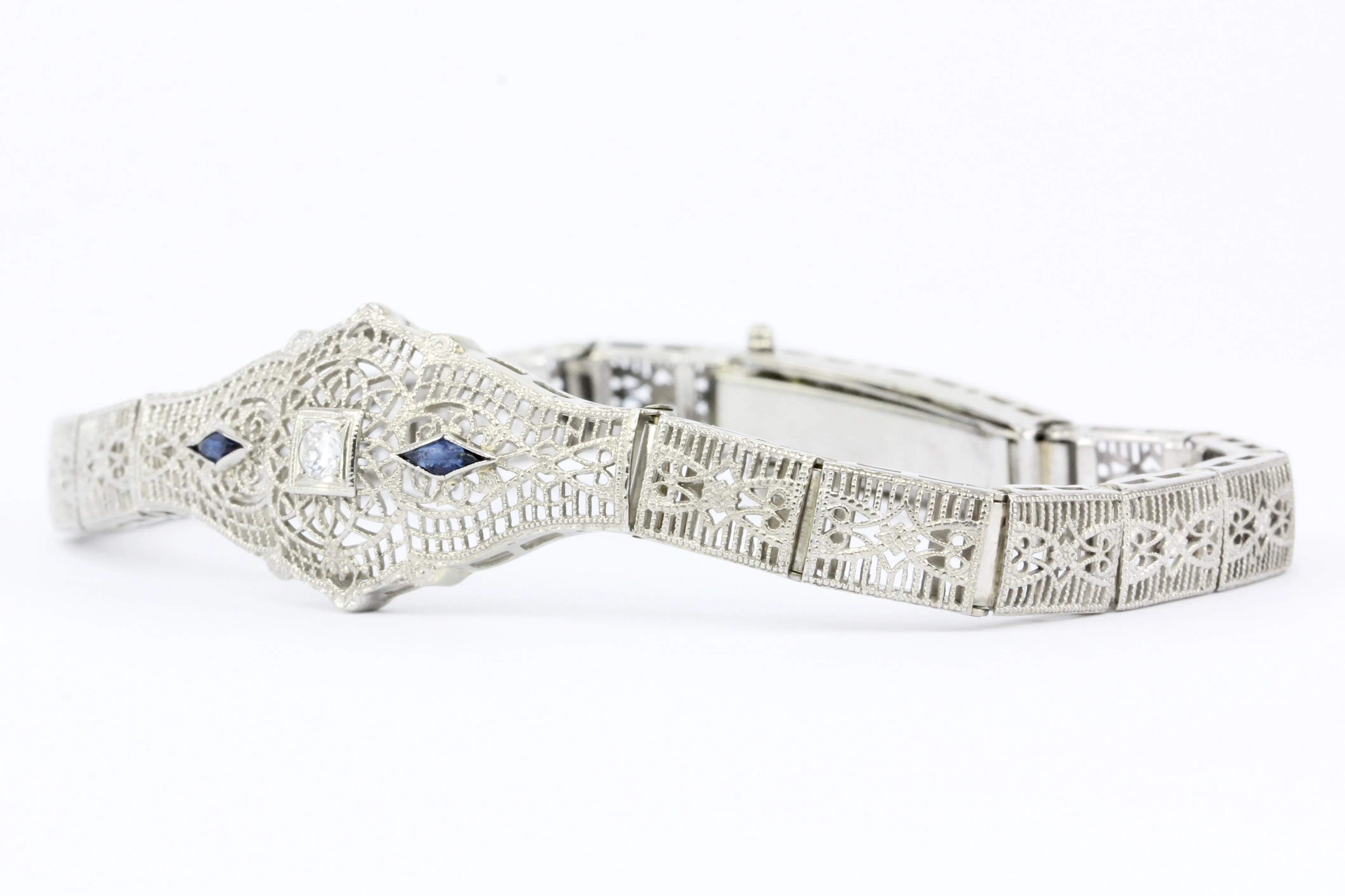 Art Deco 10K White Gold Old European Cut Diamond and Sapphire Filigree Bracelet
