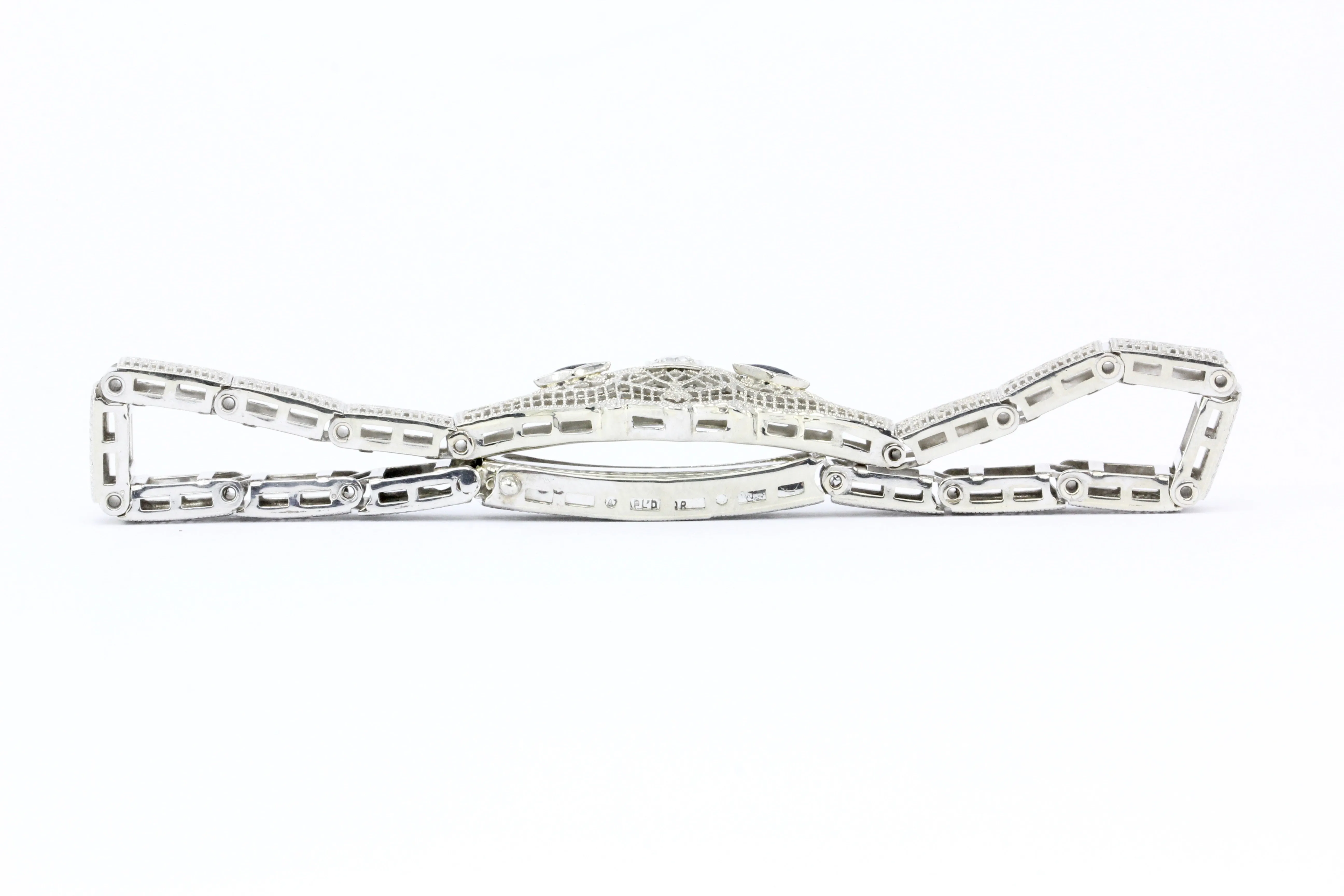 Art Deco 10K White Gold Old European Cut Diamond and Sapphire Filigree Bracelet