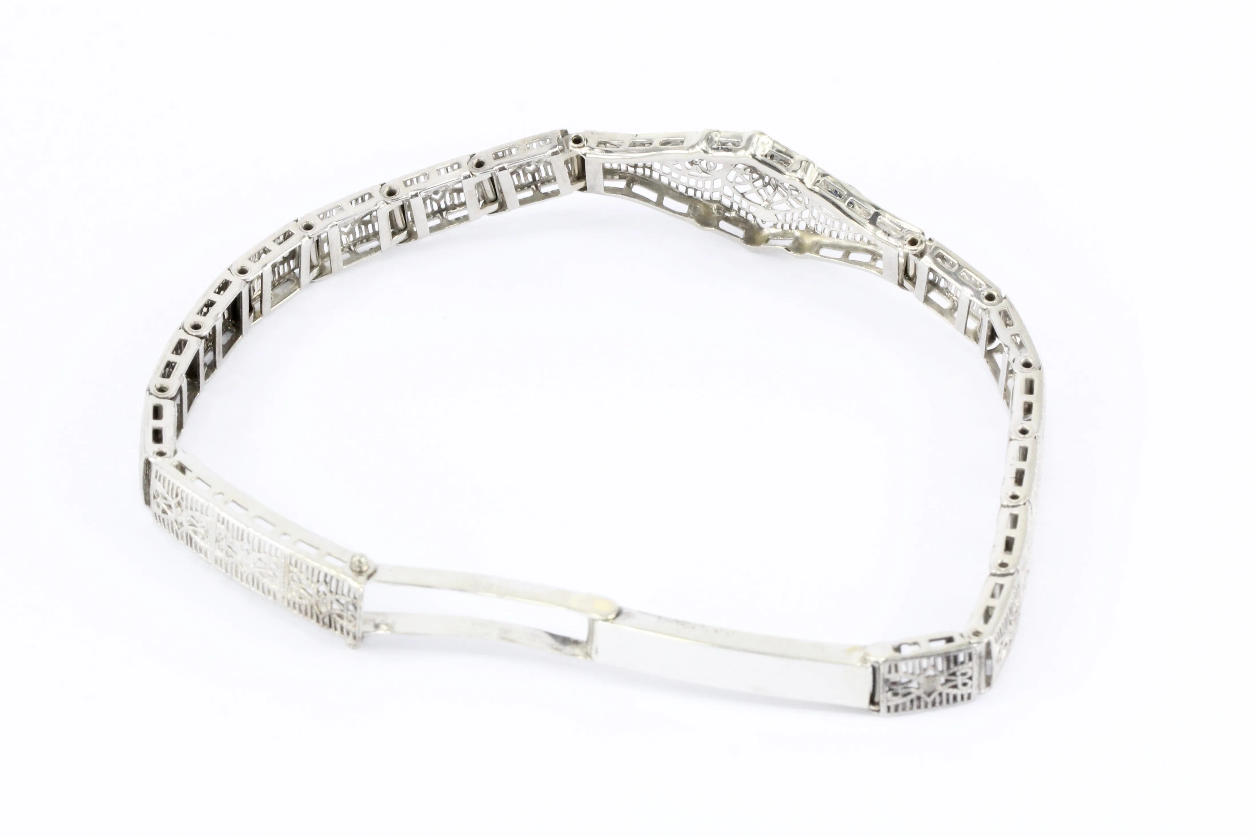 Art Deco 10K White Gold Old European Cut Diamond and Sapphire Filigree Bracelet