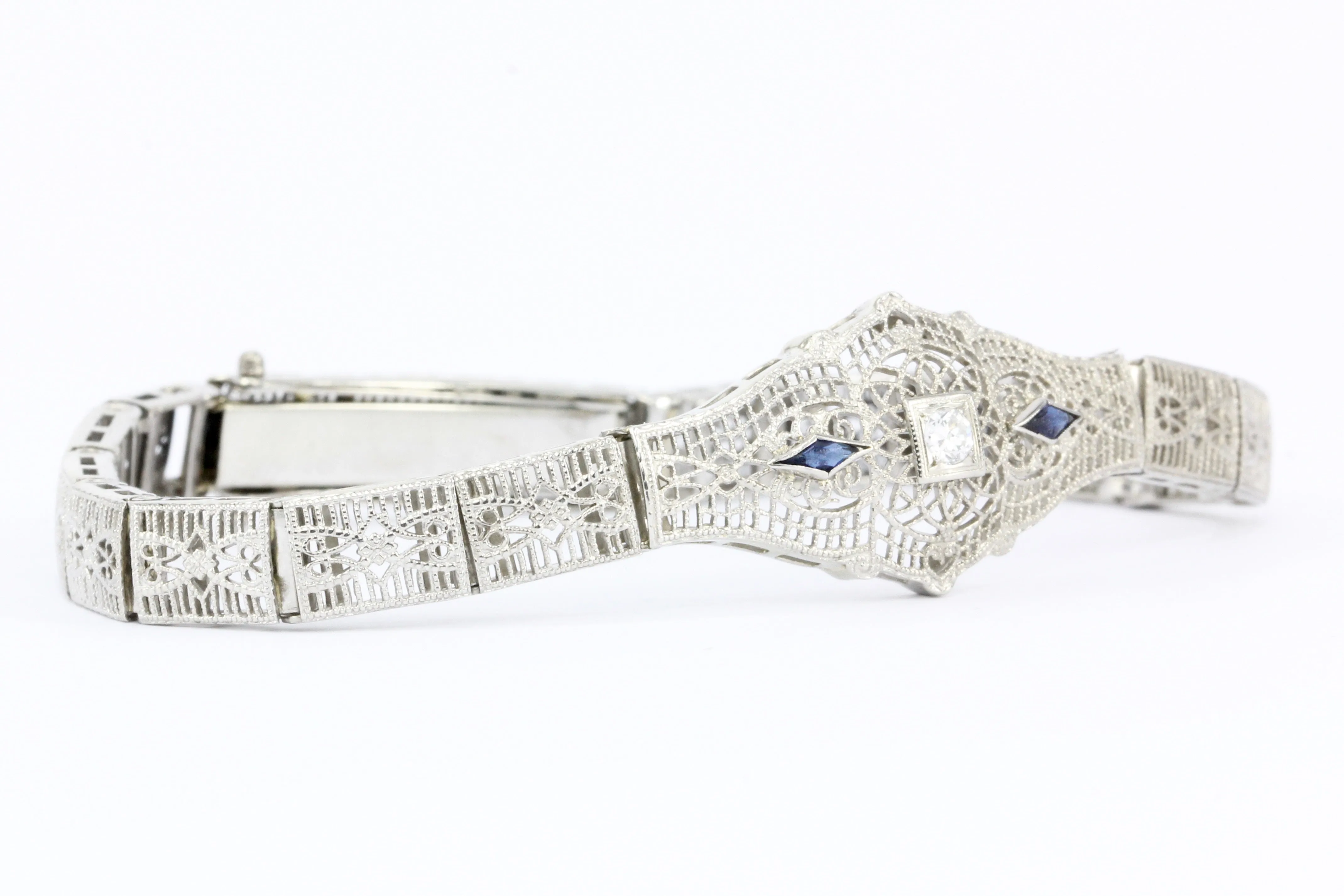 Art Deco 10K White Gold Old European Cut Diamond and Sapphire Filigree Bracelet