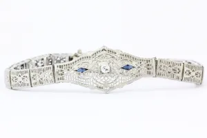 Art Deco 10K White Gold Old European Cut Diamond and Sapphire Filigree Bracelet