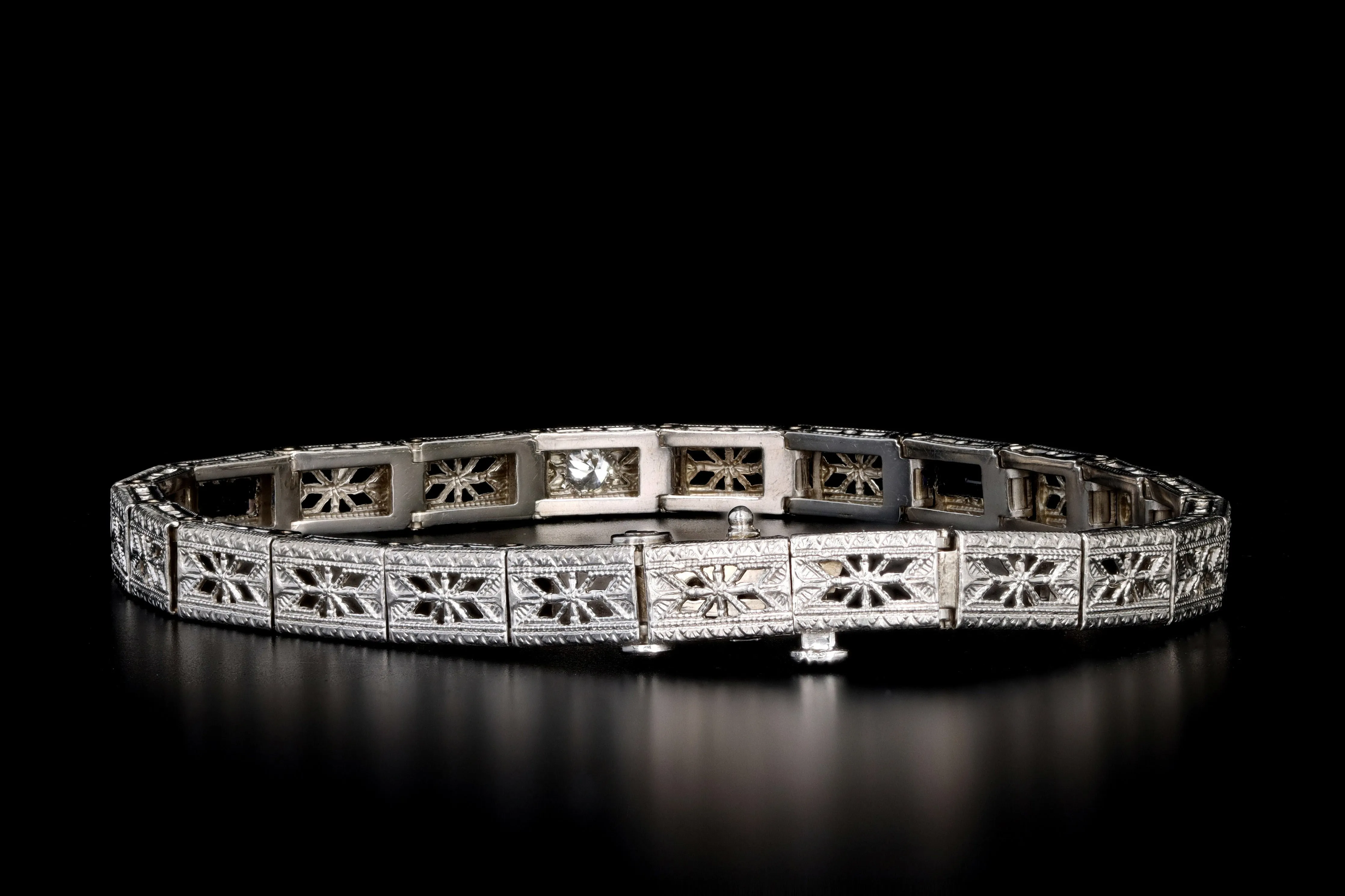 Art Deco 14K White Gold .10 Carat Old European Diamond & Synthetic Sapphire Bracelet