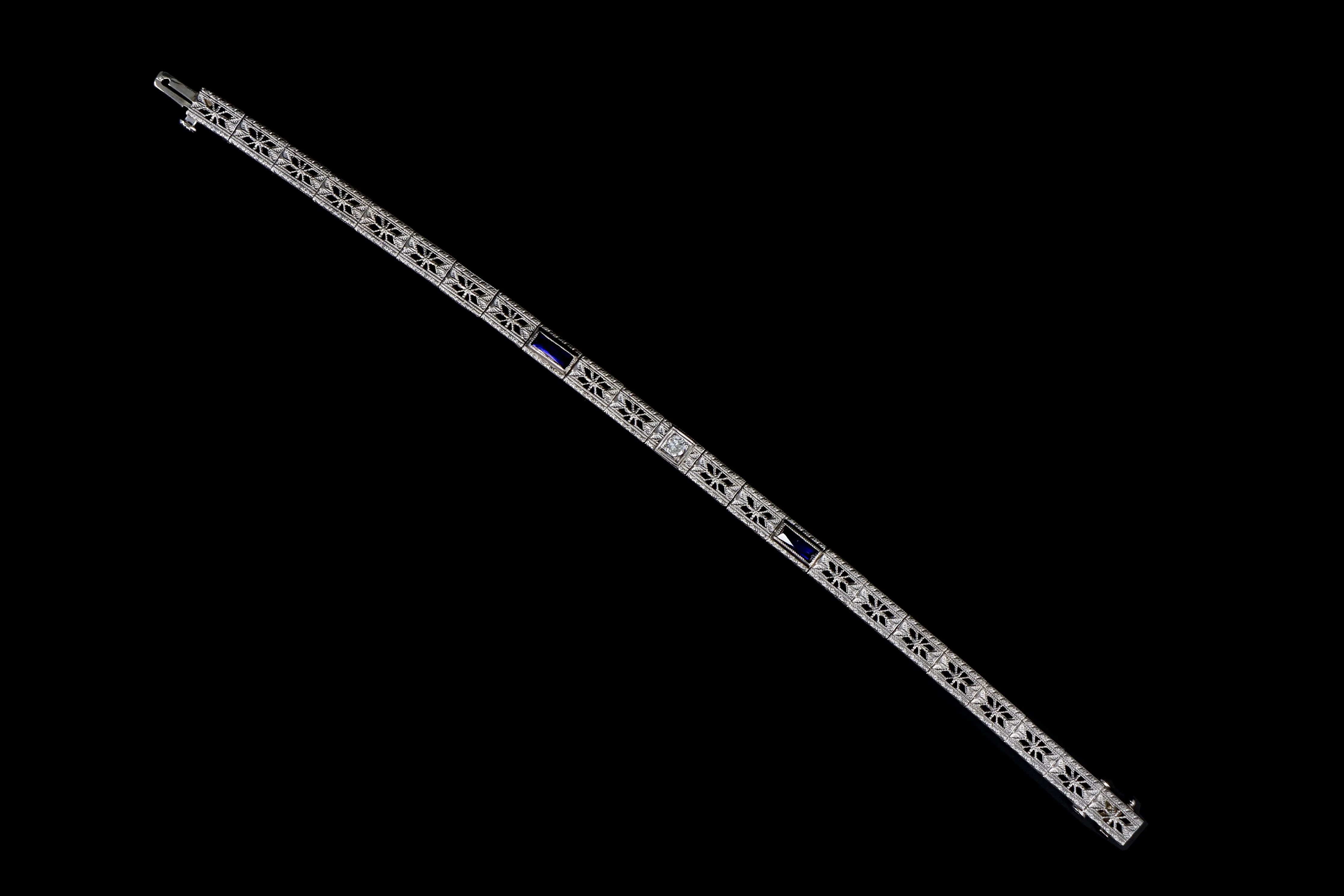 Art Deco 14K White Gold .10 Carat Old European Diamond & Synthetic Sapphire Bracelet