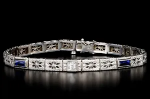 Art Deco 14K White Gold .10 Carat Old European Diamond & Synthetic Sapphire Bracelet
