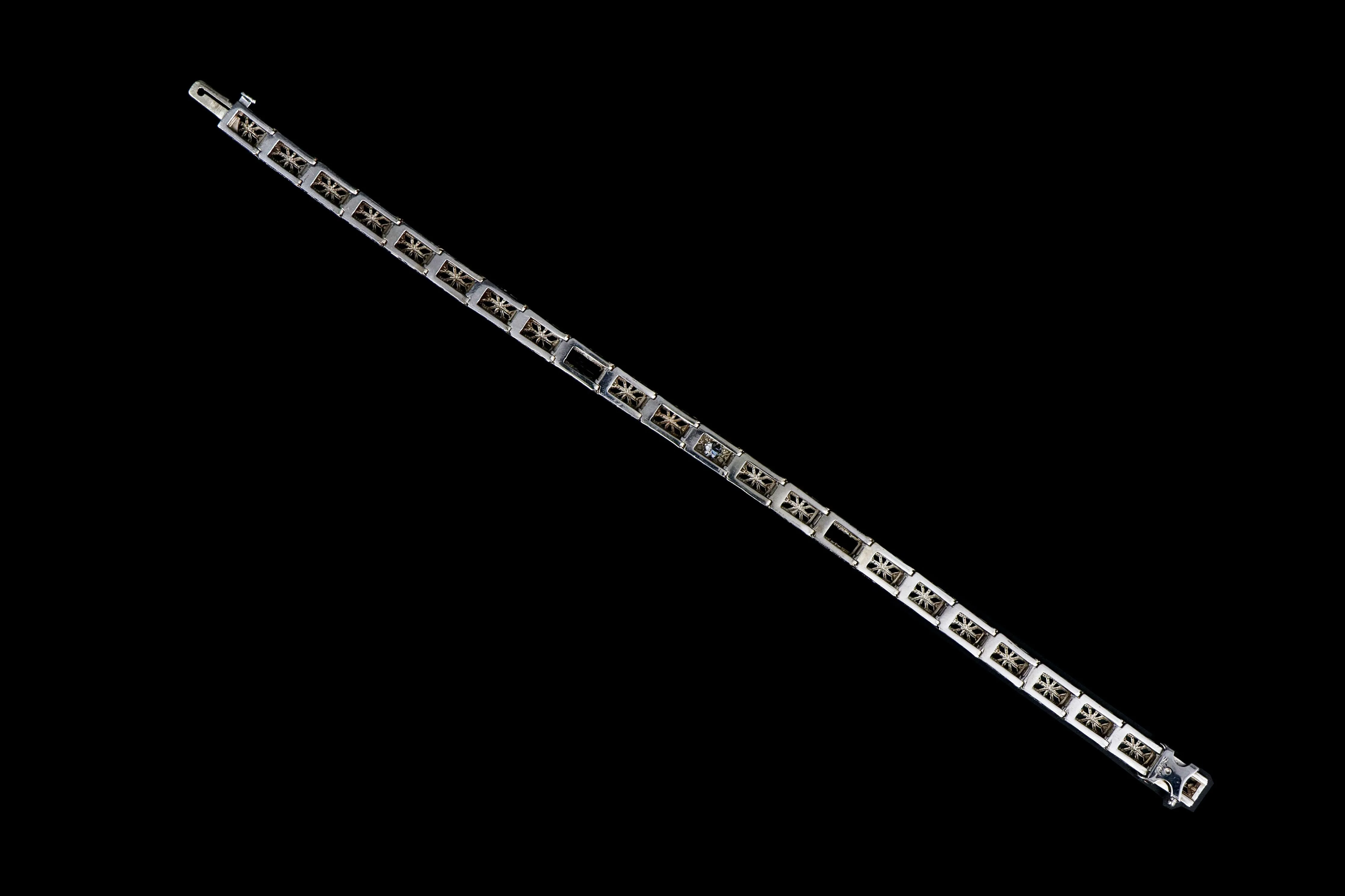 Art Deco 14K White Gold .10 Carat Old European Diamond & Synthetic Sapphire Bracelet