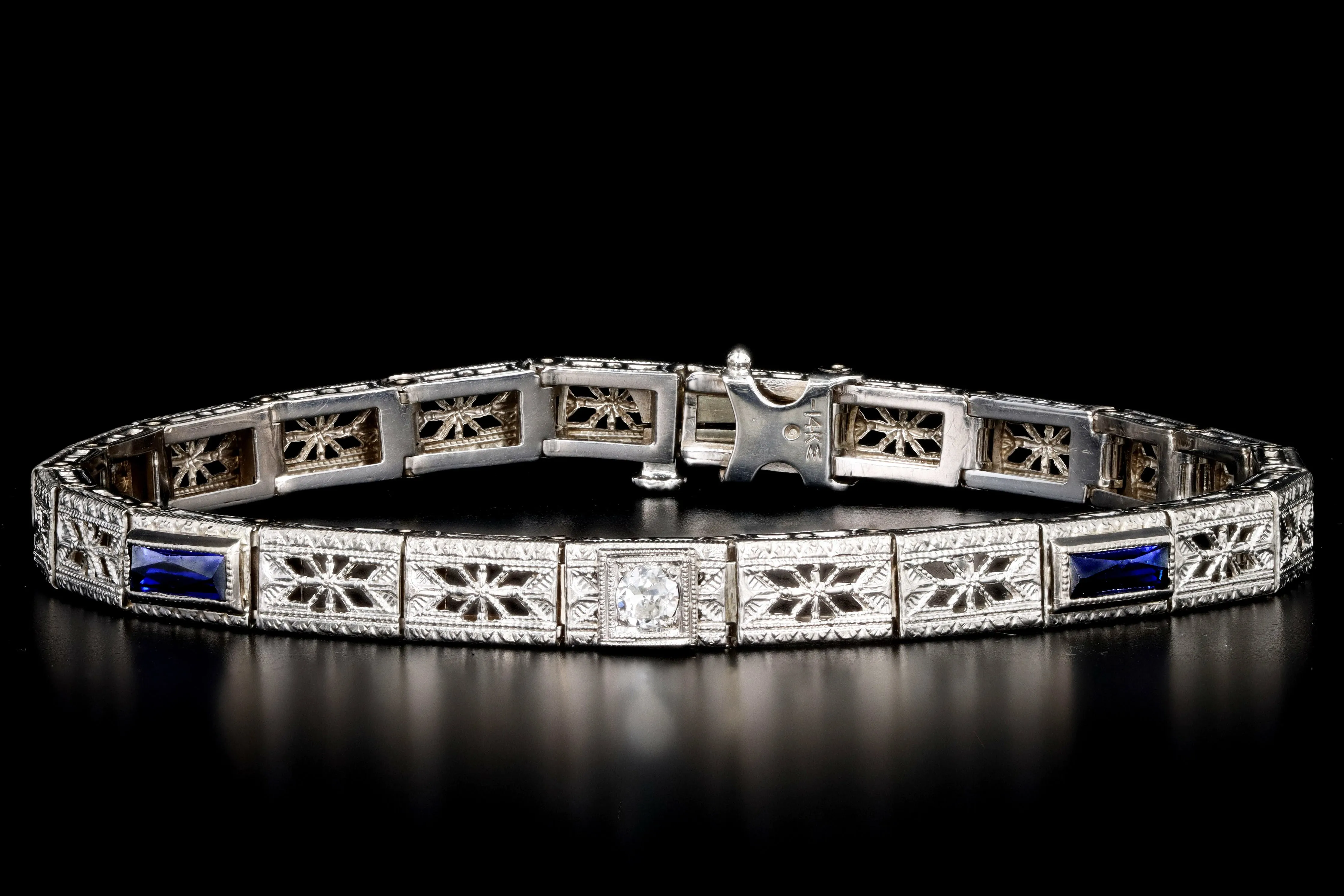 Art Deco 14K White Gold .10 Carat Old European Diamond & Synthetic Sapphire Bracelet