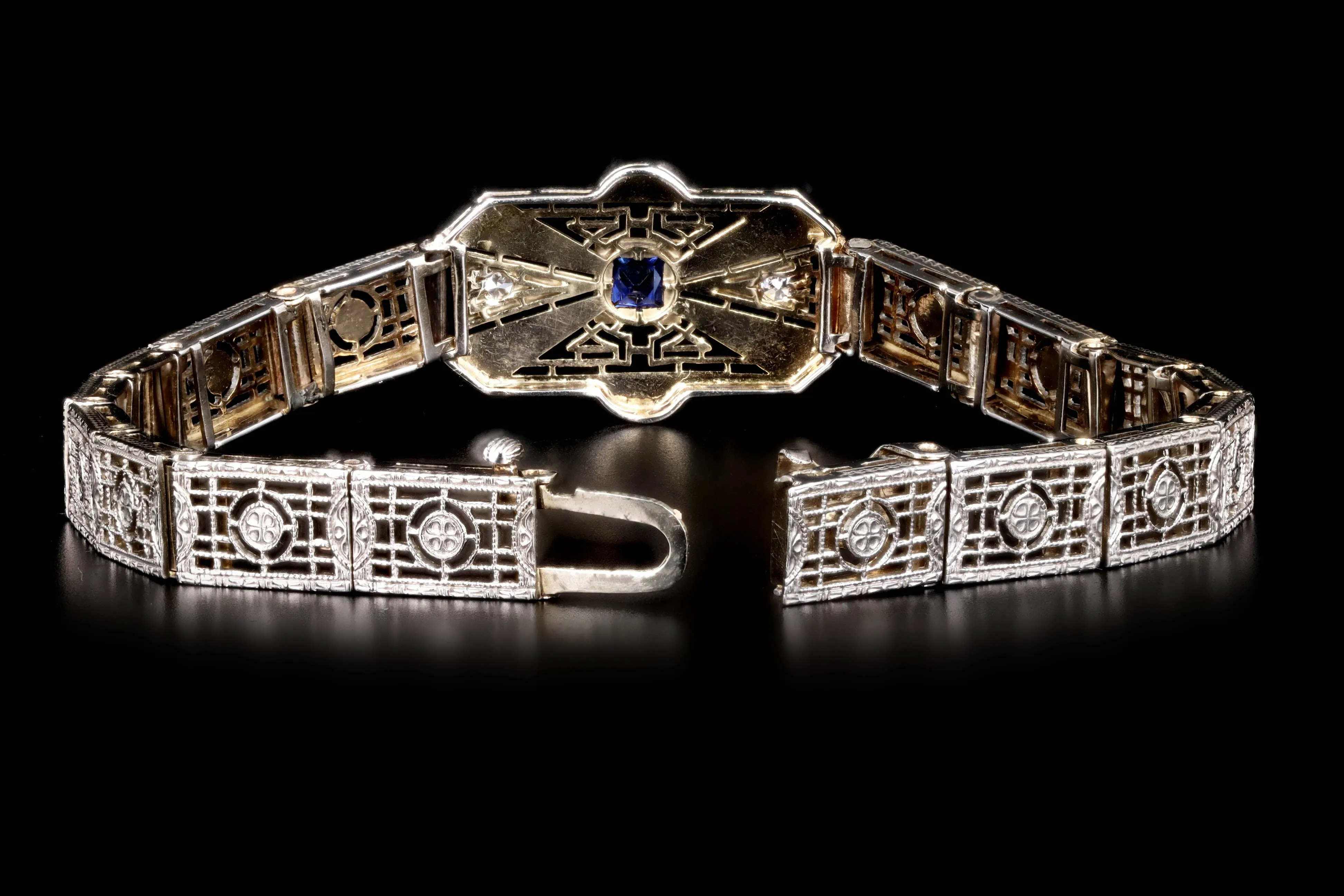 Art Deco 14K White Gold .20 Carat Synthetic Sapphire & Diamond Filigree Bracelet