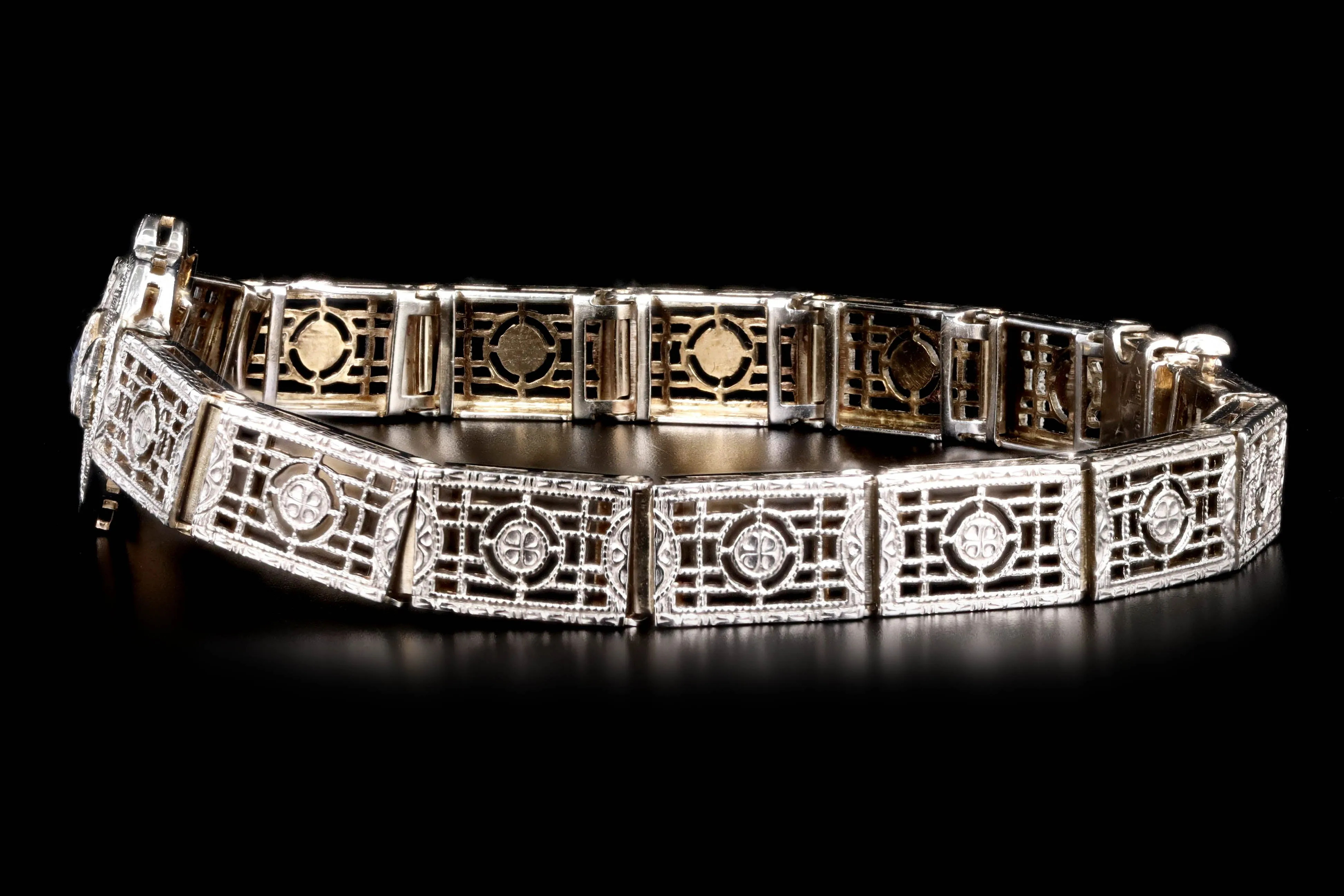 Art Deco 14K White Gold .20 Carat Synthetic Sapphire & Diamond Filigree Bracelet