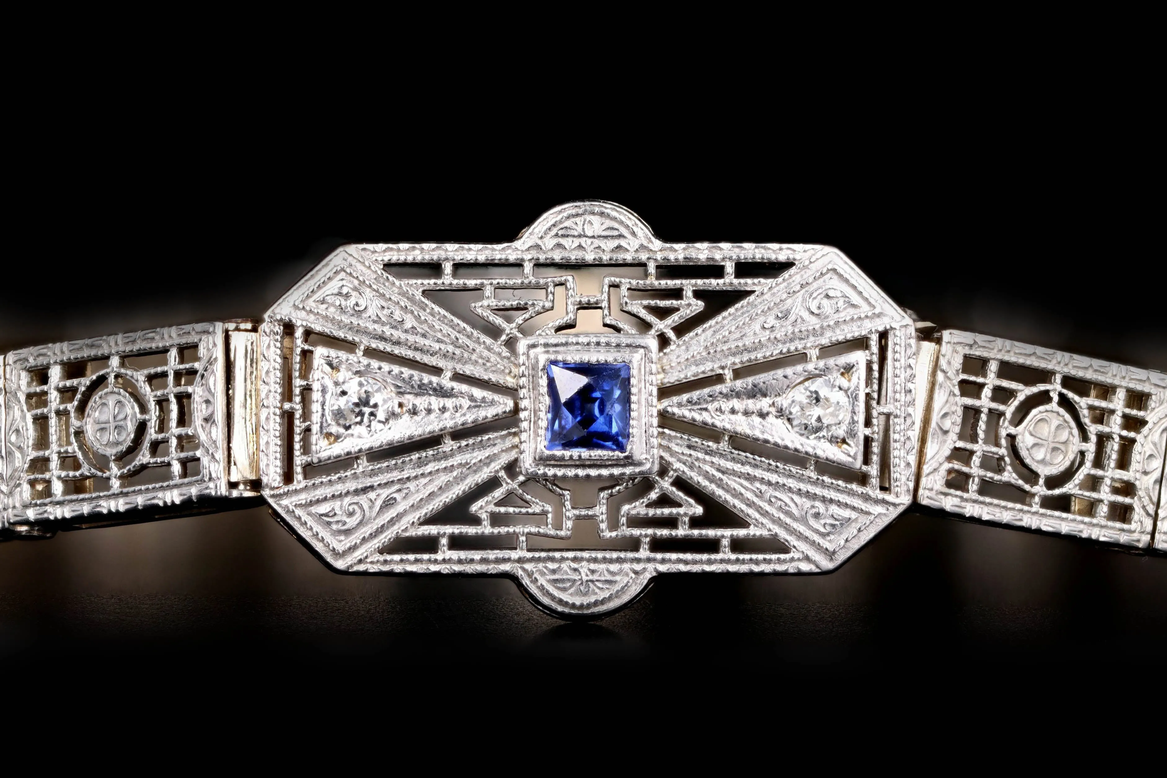 Art Deco 14K White Gold .20 Carat Synthetic Sapphire & Diamond Filigree Bracelet