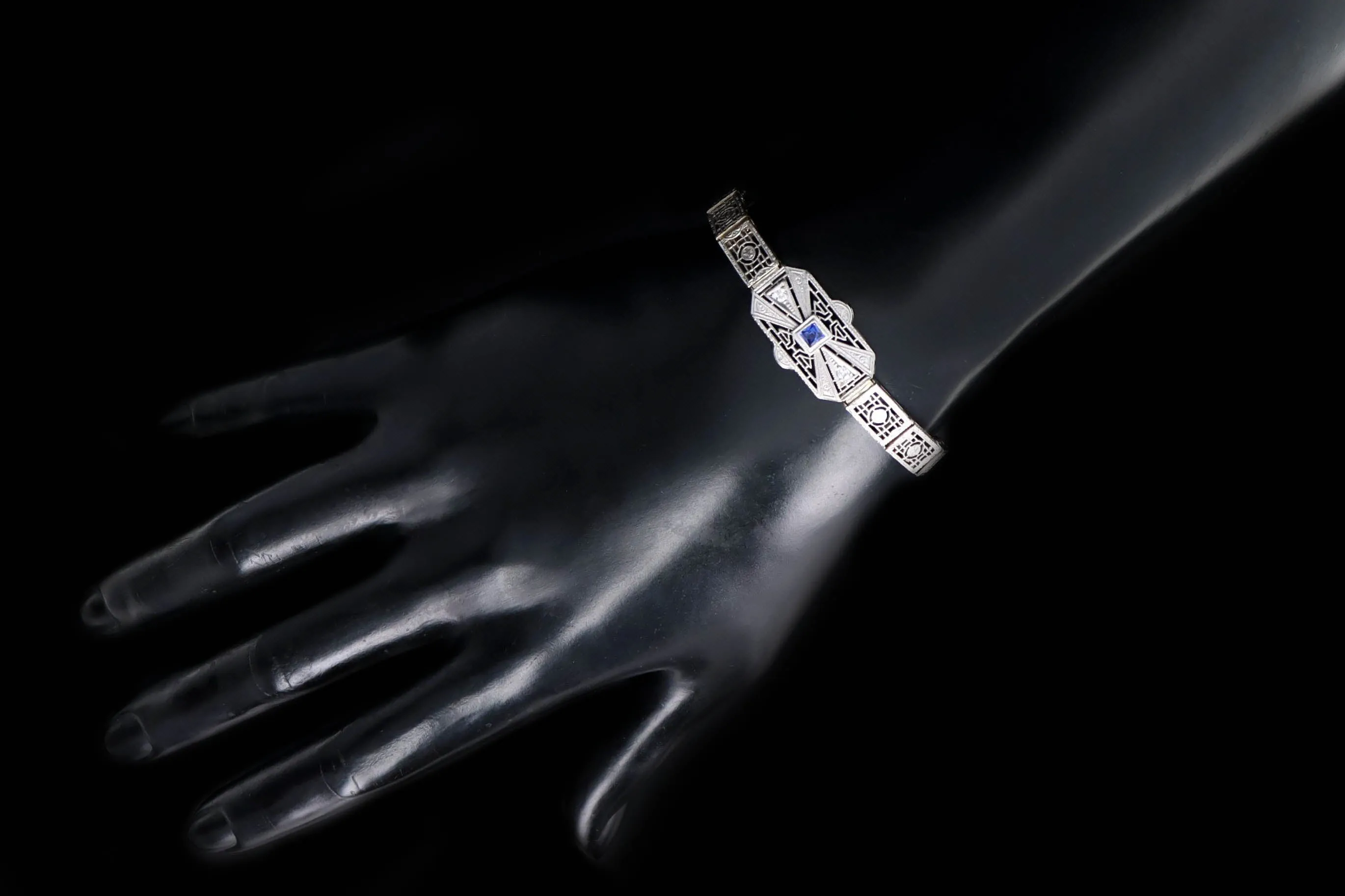 Art Deco 14K White Gold .20 Carat Synthetic Sapphire & Diamond Filigree Bracelet