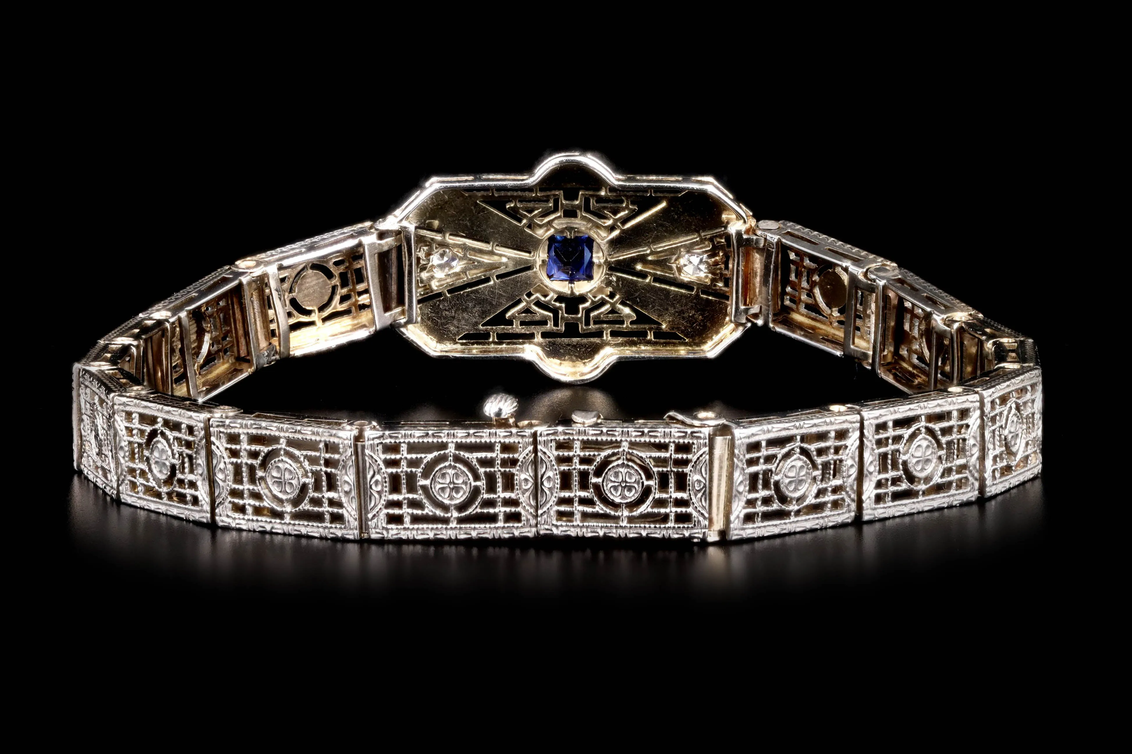 Art Deco 14K White Gold .20 Carat Synthetic Sapphire & Diamond Filigree Bracelet