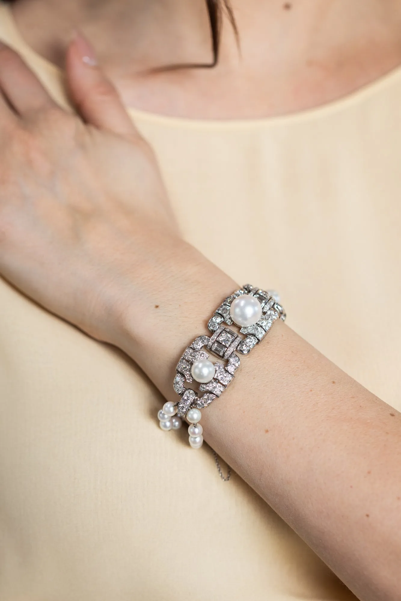 Art Deco Pearl & Diamond Geometric Bracelet