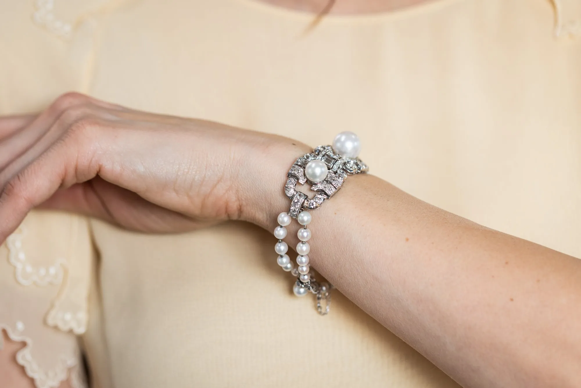 Art Deco Pearl & Diamond Geometric Bracelet
